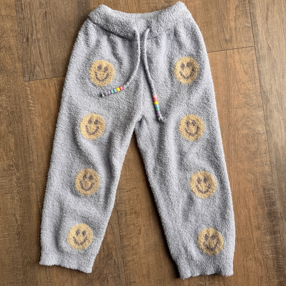 Lola and The Boys Kids Blue Fuzzy Plush Smiley Face Joggers Size 6 Rainbow Beads